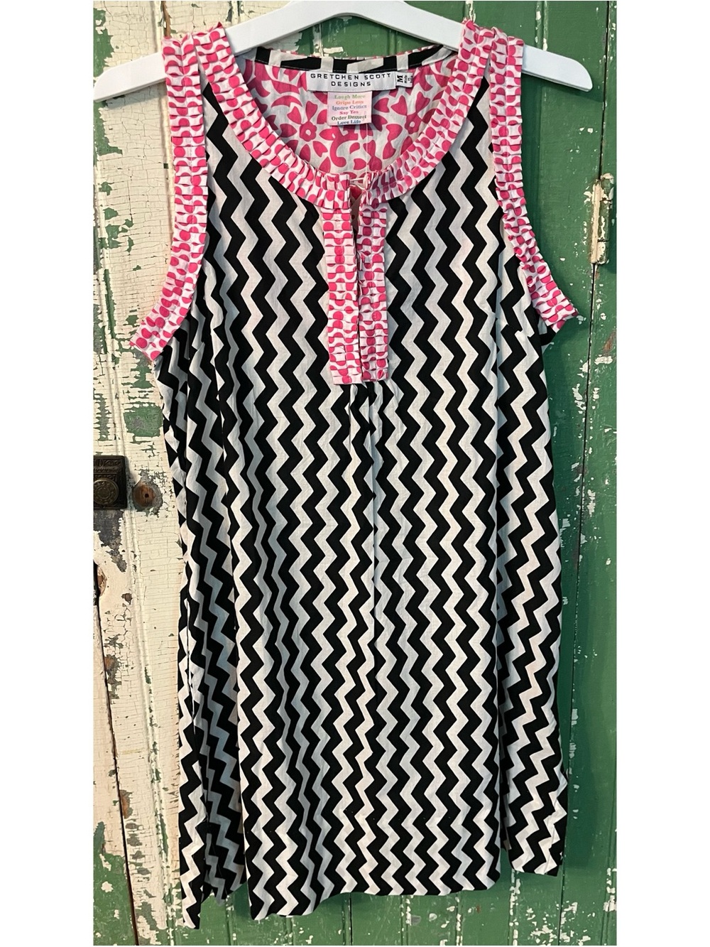 Gretchen Scott Womens Dress Black & White Chevron with Pink Trim Size Medium